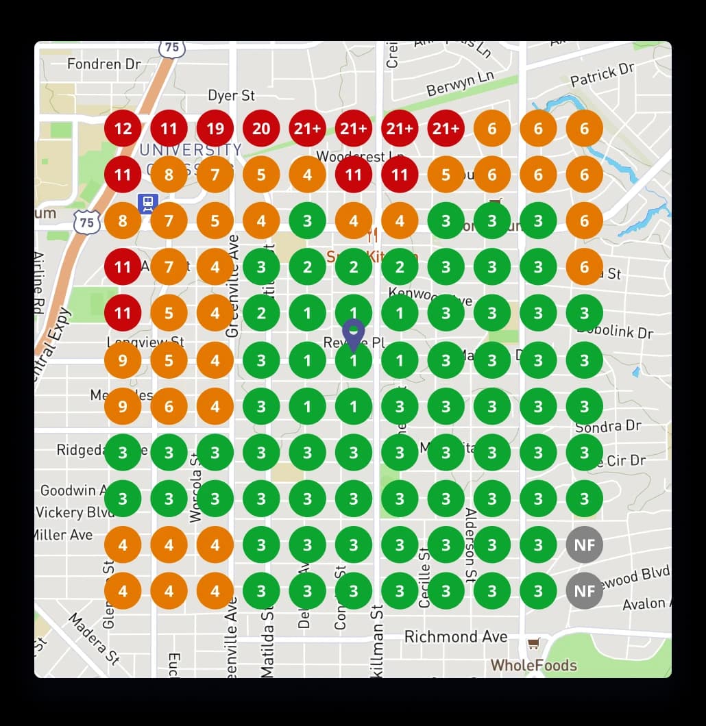 A local rank grid scan: green cells where the business holds the Map Pack, orange and red where it drops away