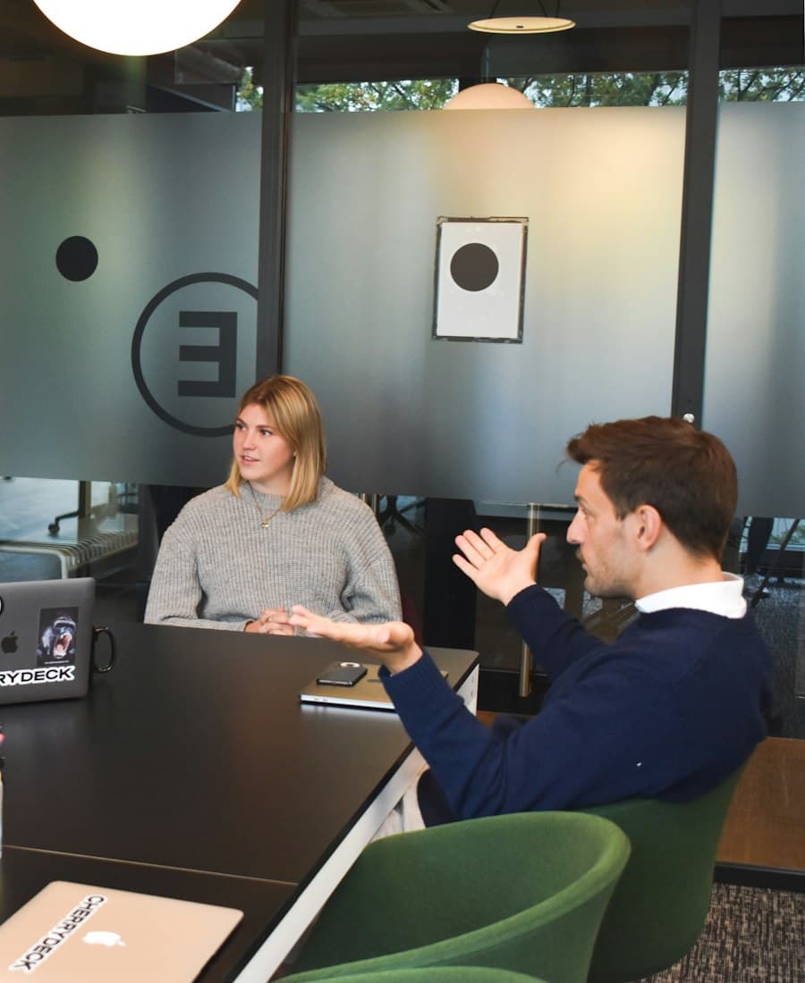 A team working together around a table in a modern office