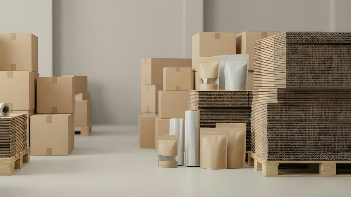 Packed parcels and shipping boxes in a UK ecommerce fulfilment warehouse
