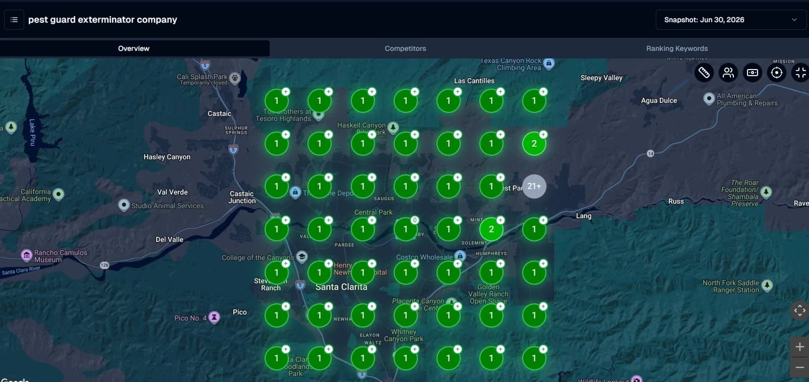 A local search grid across Santa Clarita for the query pest guard exterminator company, with almost every grid point showing rank one for Guard Up Pest Control