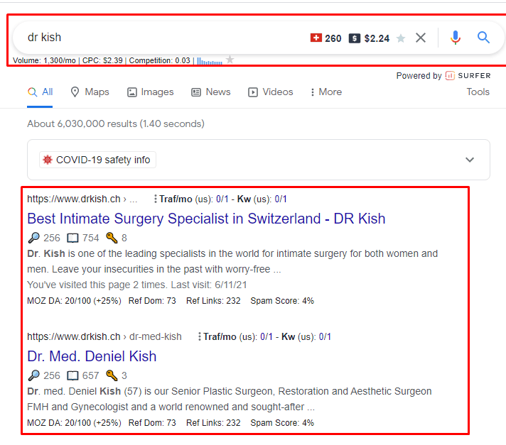 Google search results for the brand query dr kish, showing drkish.ch occupying both the first and second organic positions with the homepage and the surgeon's profile page