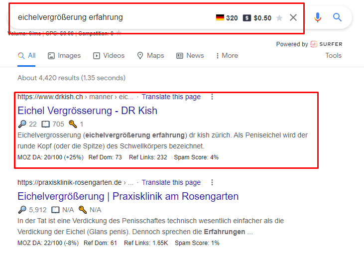 Google search results for a German treatment query, showing drkish.ch in first place above a German clinic competitor, with MozBar and Surfer SEO overlays reporting domain authority and backlink counts for both