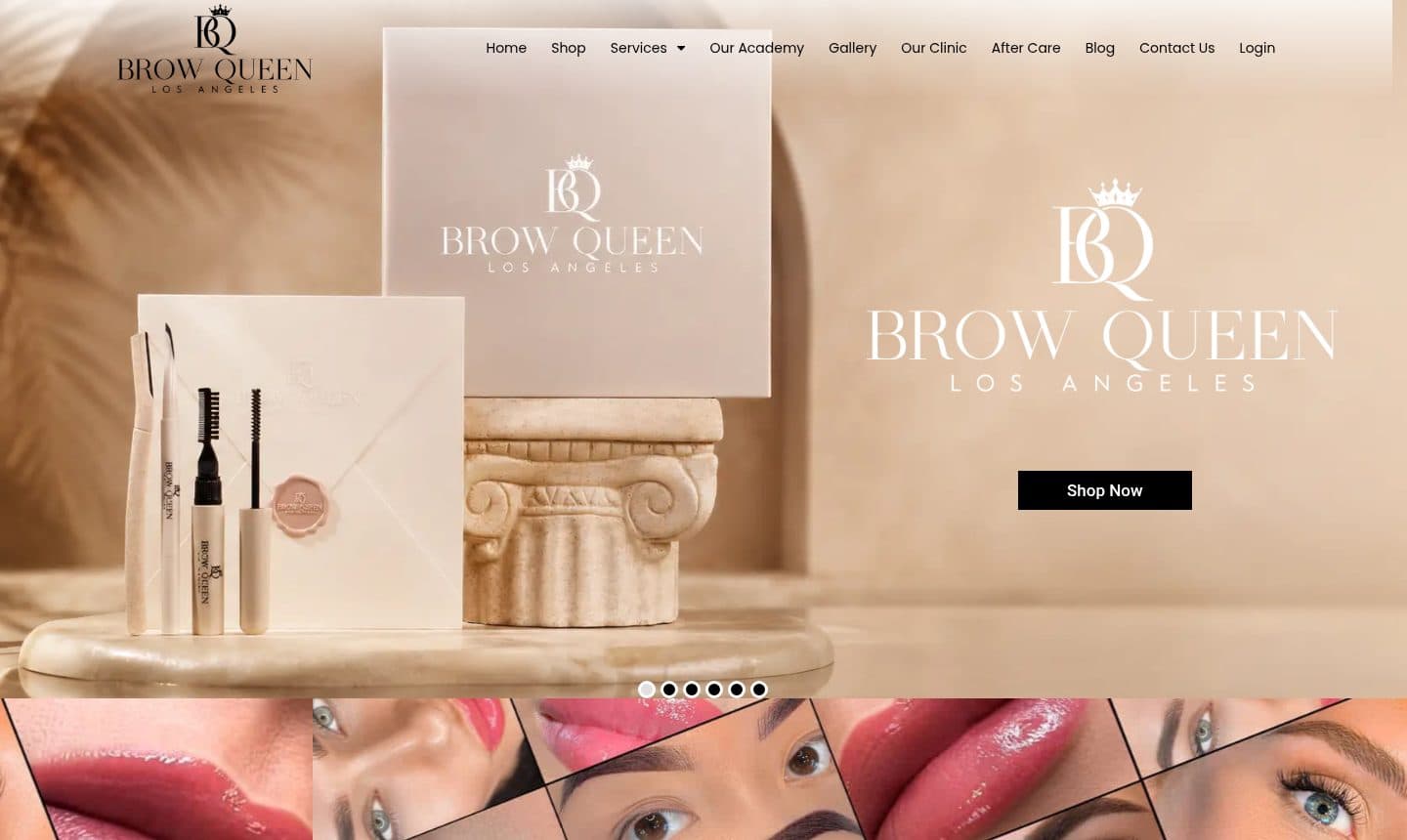 The Brow Queen LA homepage, showing the brand logo, navigation and hero imagery