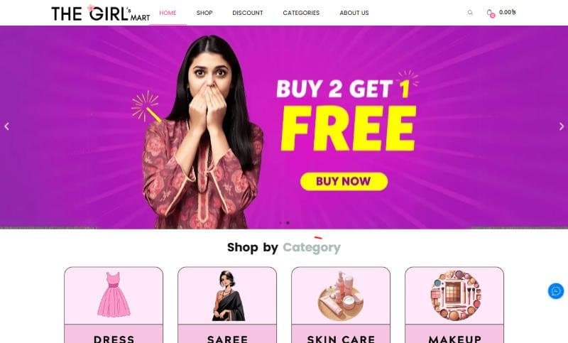 The Girl's Mart homepage, showing the logo, main navigation, a promotional slider and the shop by category row